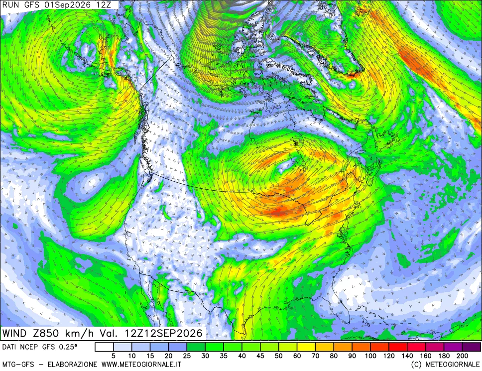 mappa 850 hPa Vento forza e direzione