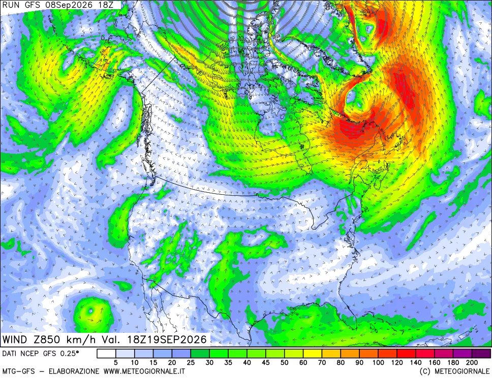 mappa 850 hPa Vento forza e direzione