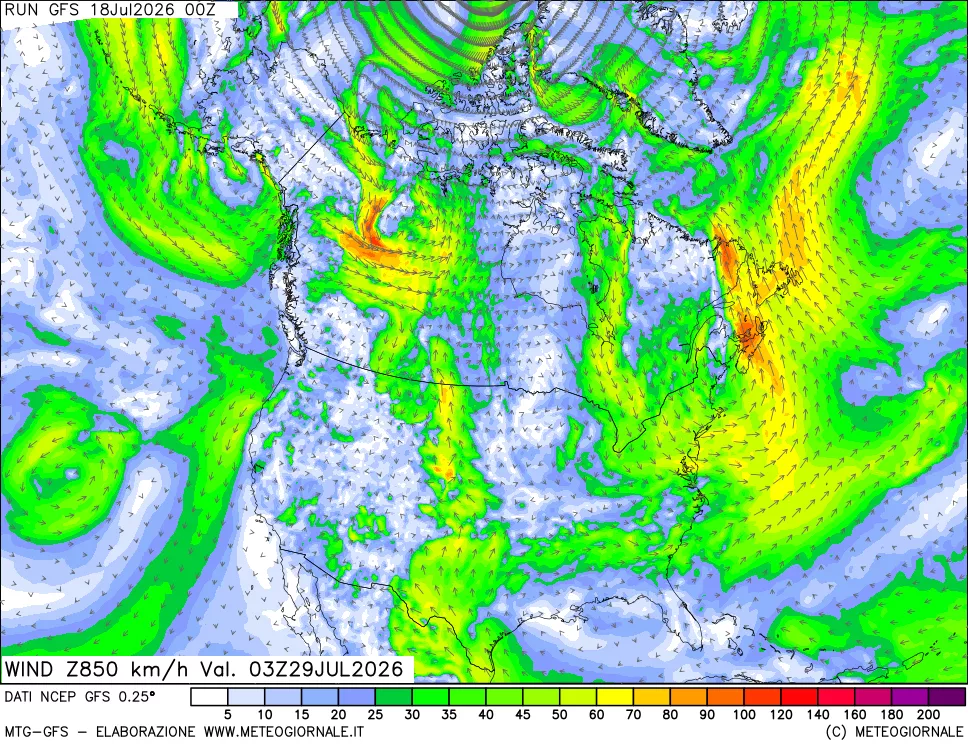 mappa 850 hPa Vento forza e direzione