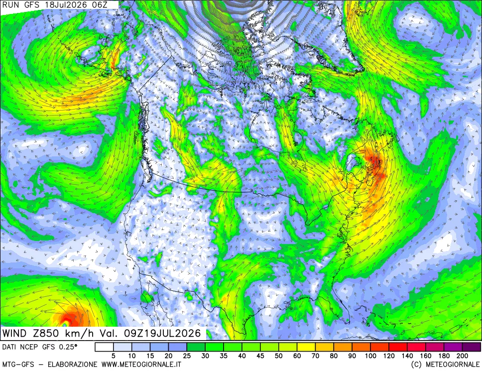 mappa 850 hPa Vento forza e direzione