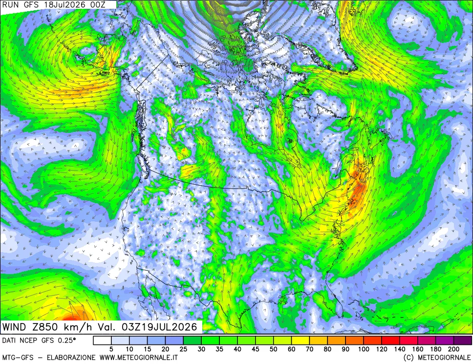 mappa 850 hPa Vento forza e direzione