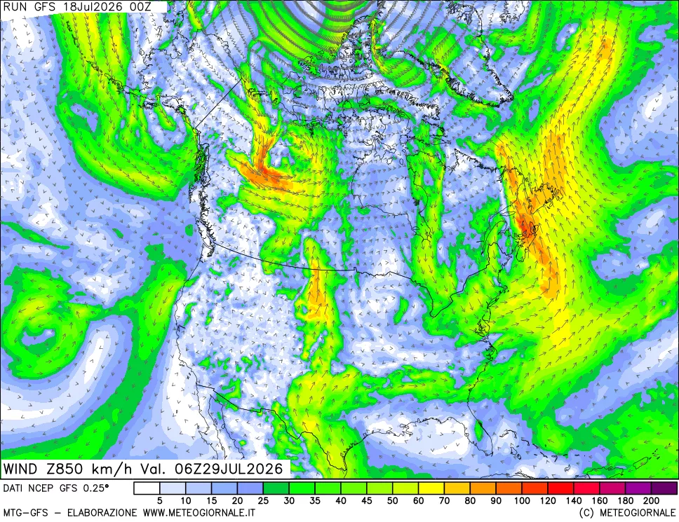 mappa 850 hPa Vento forza e direzione