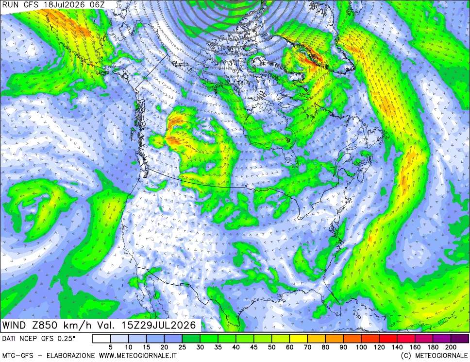 mappa 850 hPa Vento forza e direzione