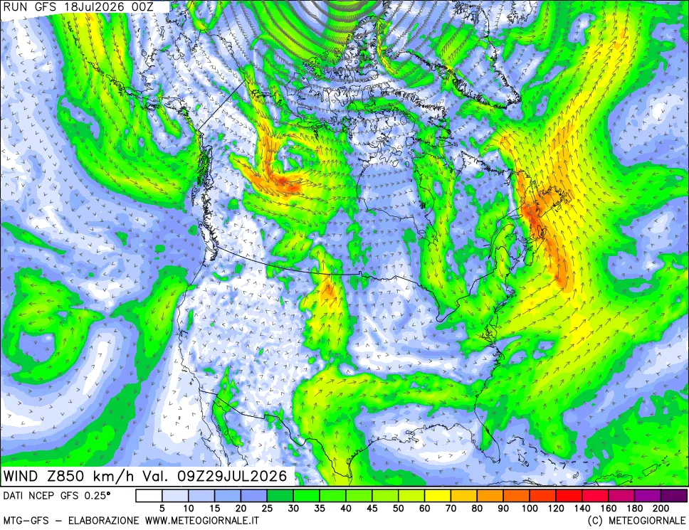 mappa 850 hPa Vento forza e direzione