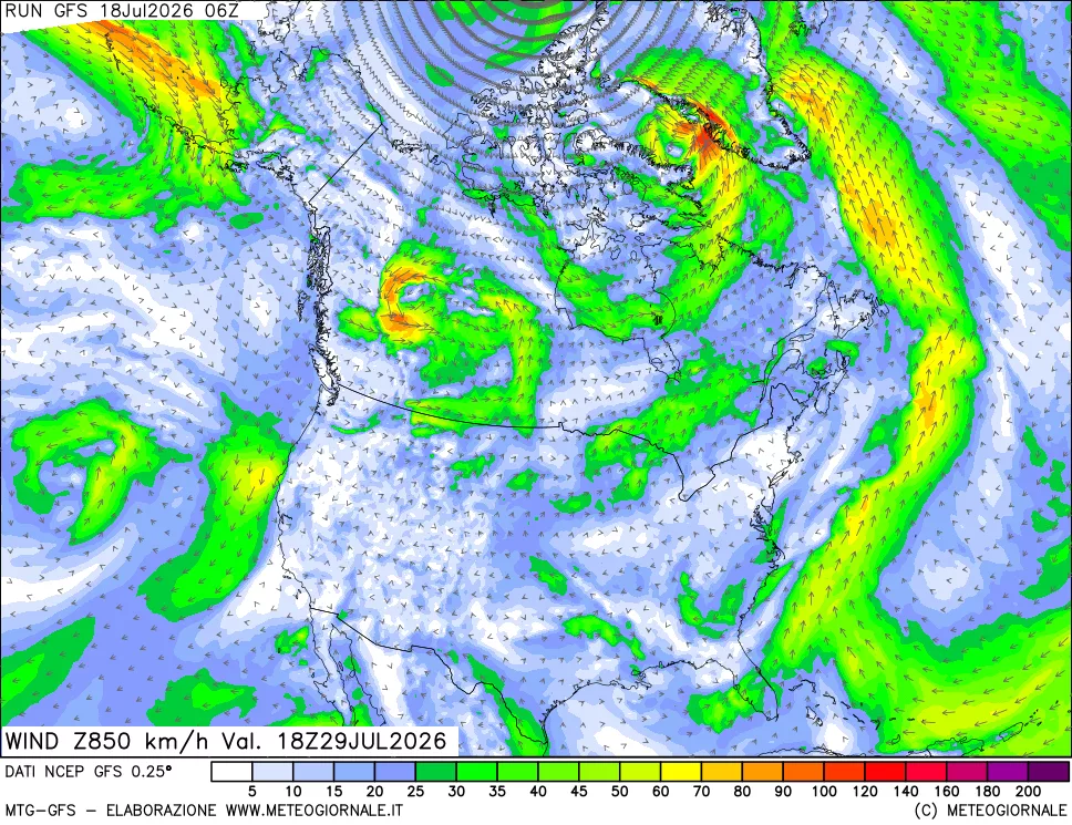 mappa 850 hPa Vento forza e direzione