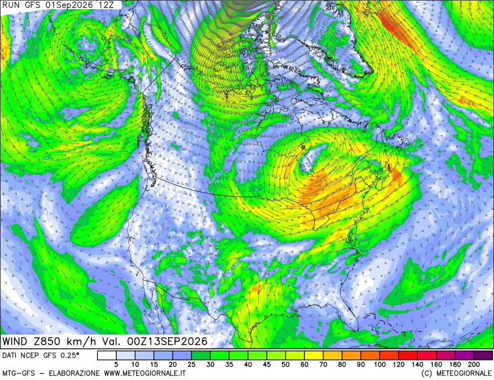 mappa 850 hPa Vento forza e direzione