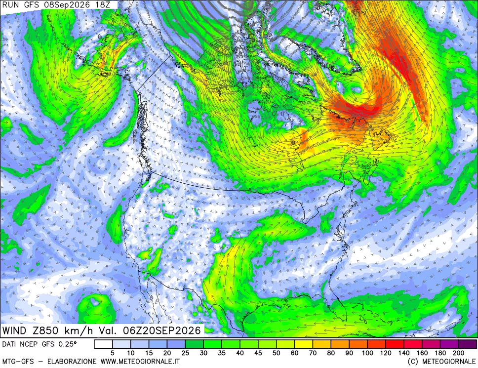 mappa 850 hPa Vento forza e direzione