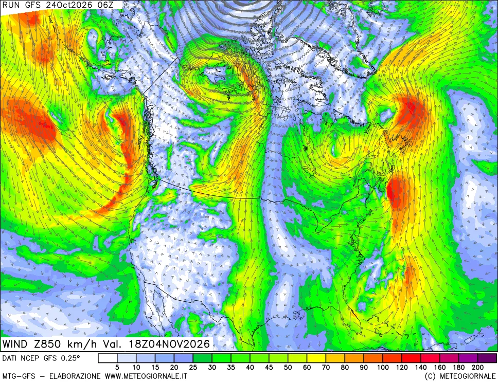 mappa 850 hPa Vento forza e direzione