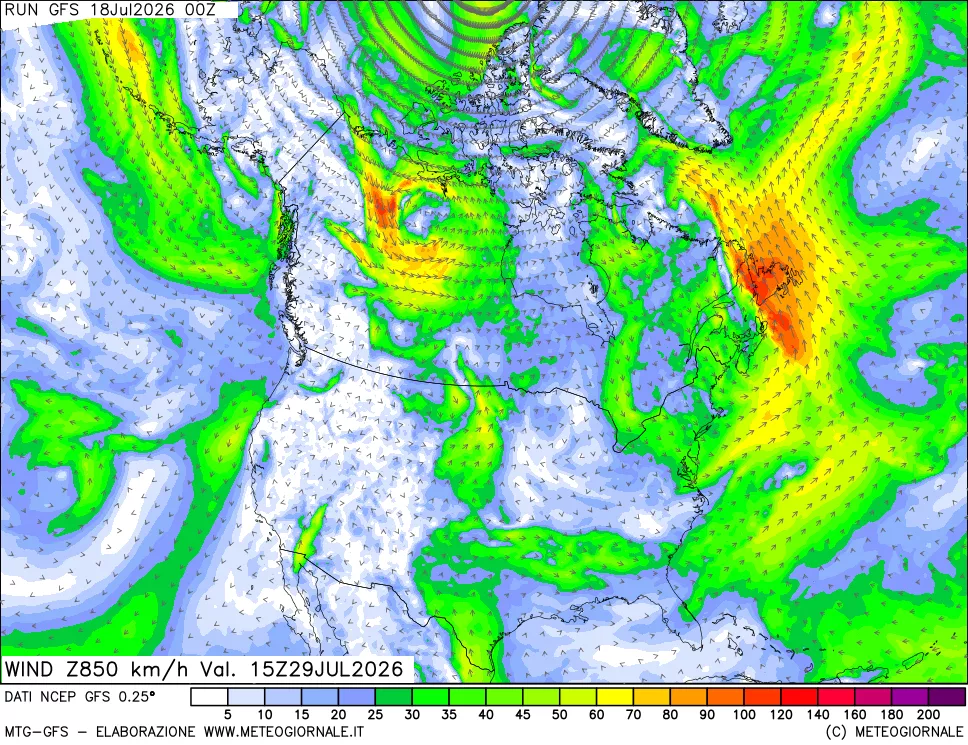 mappa 850 hPa Vento forza e direzione