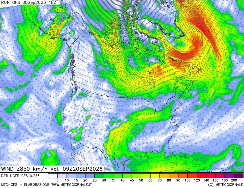 mappa 850 hPa Vento forza e direzione