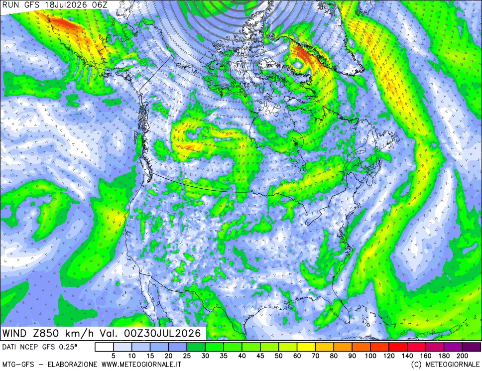 mappa 850 hPa Vento forza e direzione
