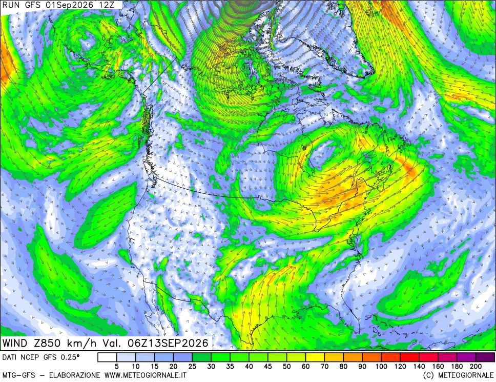 mappa 850 hPa Vento forza e direzione