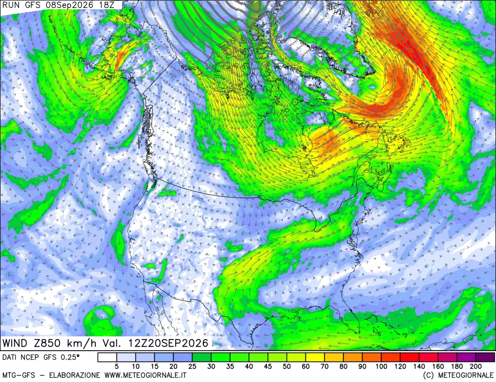 mappa 850 hPa Vento forza e direzione
