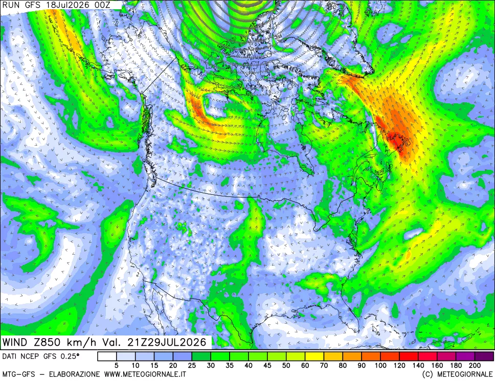 mappa 850 hPa Vento forza e direzione