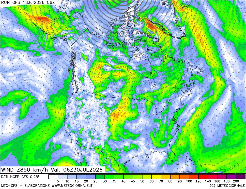 mappa 850 hPa Vento forza e direzione