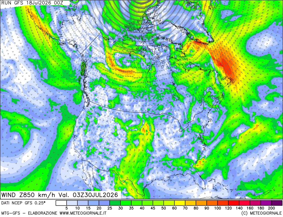 mappa 850 hPa Vento forza e direzione