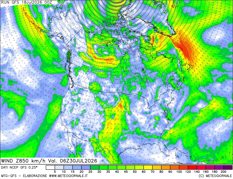 mappa 850 hPa Vento forza e direzione