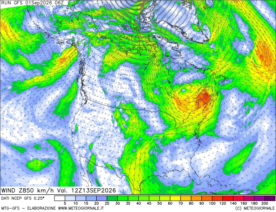 mappa 850 hPa Vento forza e direzione