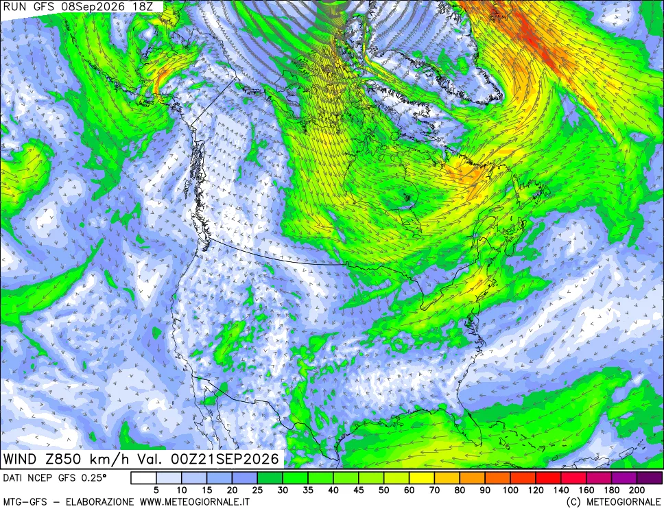 mappa 850 hPa Vento forza e direzione