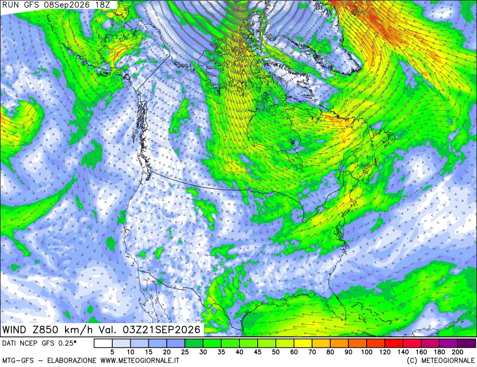 mappa 850 hPa Vento forza e direzione
