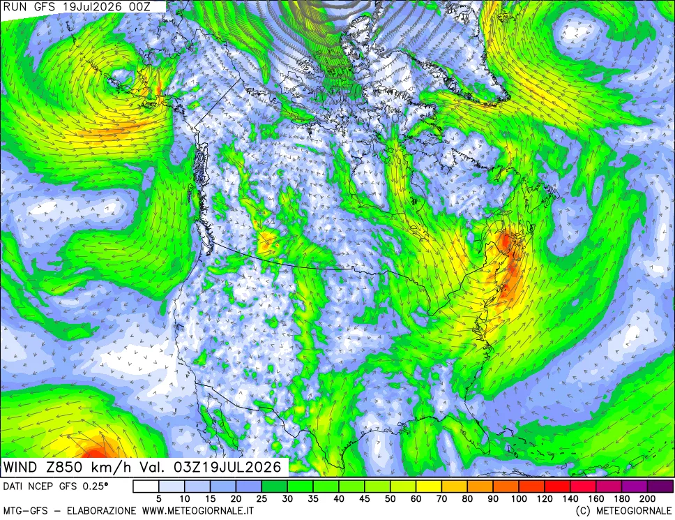 mappa 850 hPa Vento forza e direzione
