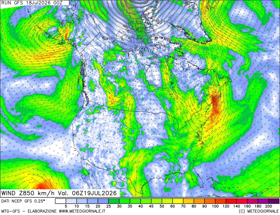 mappa 850 hPa Vento forza e direzione