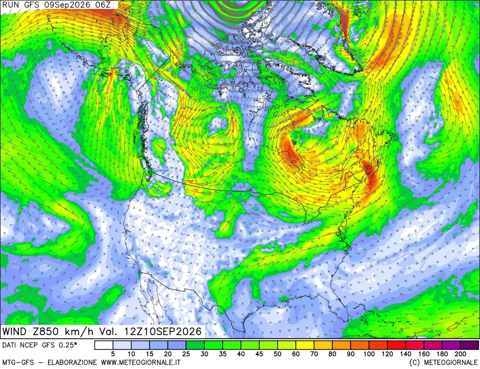 mappa 850 hPa Vento forza e direzione