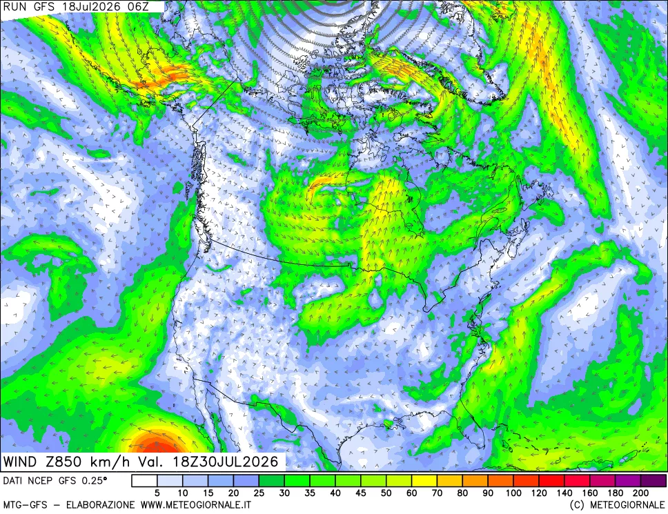 mappa 850 hPa Vento forza e direzione