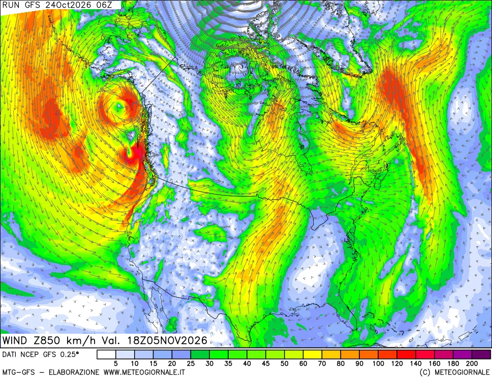 mappa 850 hPa Vento forza e direzione
