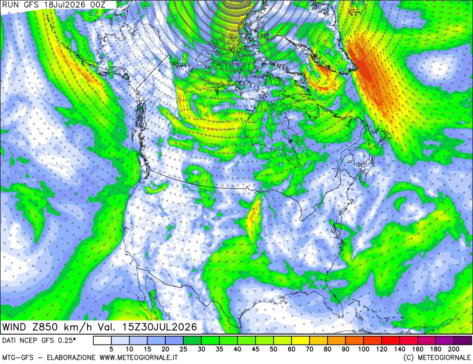 mappa 850 hPa Vento forza e direzione