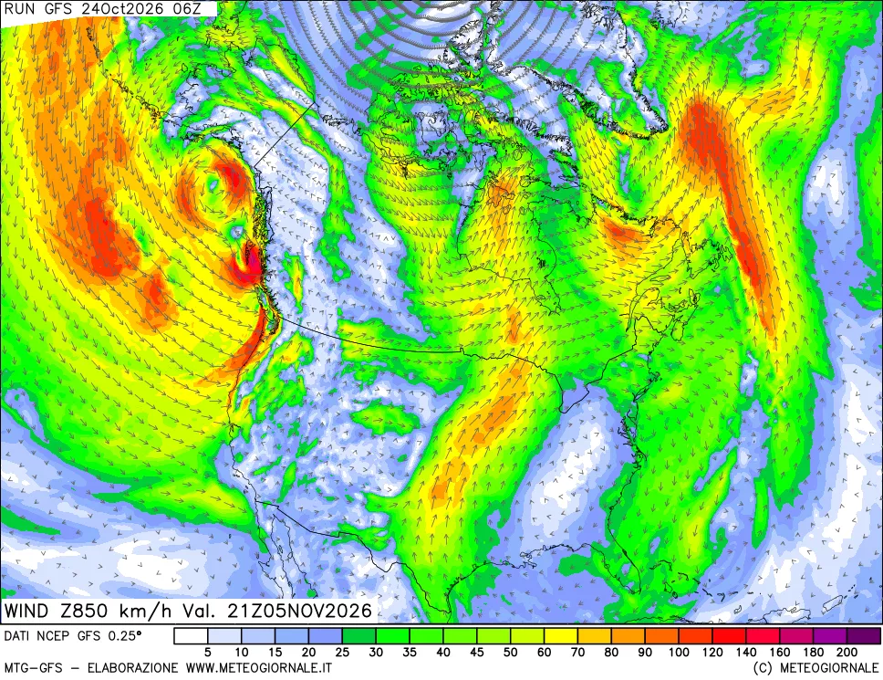 mappa 850 hPa Vento forza e direzione