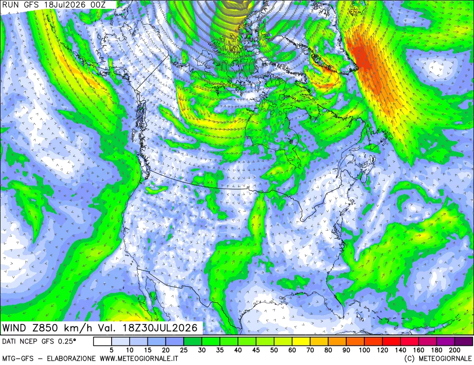 mappa 850 hPa Vento forza e direzione