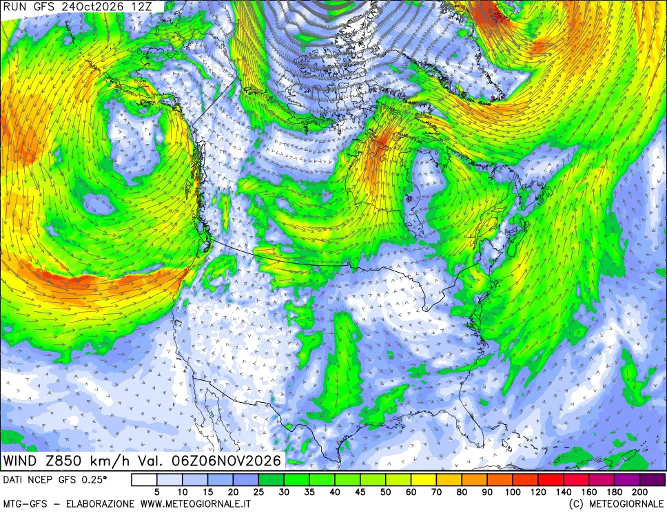 mappa 850 hPa Vento forza e direzione
