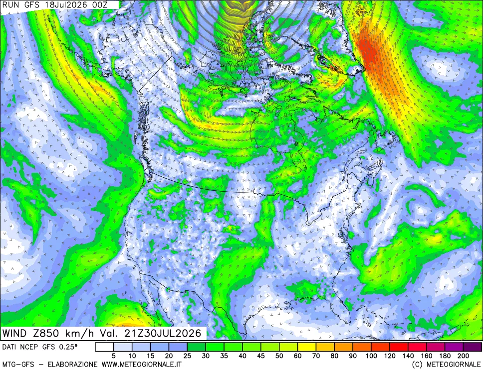 mappa 850 hPa Vento forza e direzione