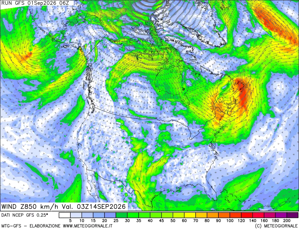 mappa 850 hPa Vento forza e direzione