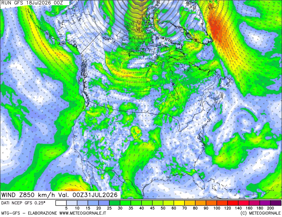 mappa 850 hPa Vento forza e direzione