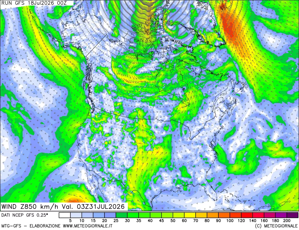 mappa 850 hPa Vento forza e direzione