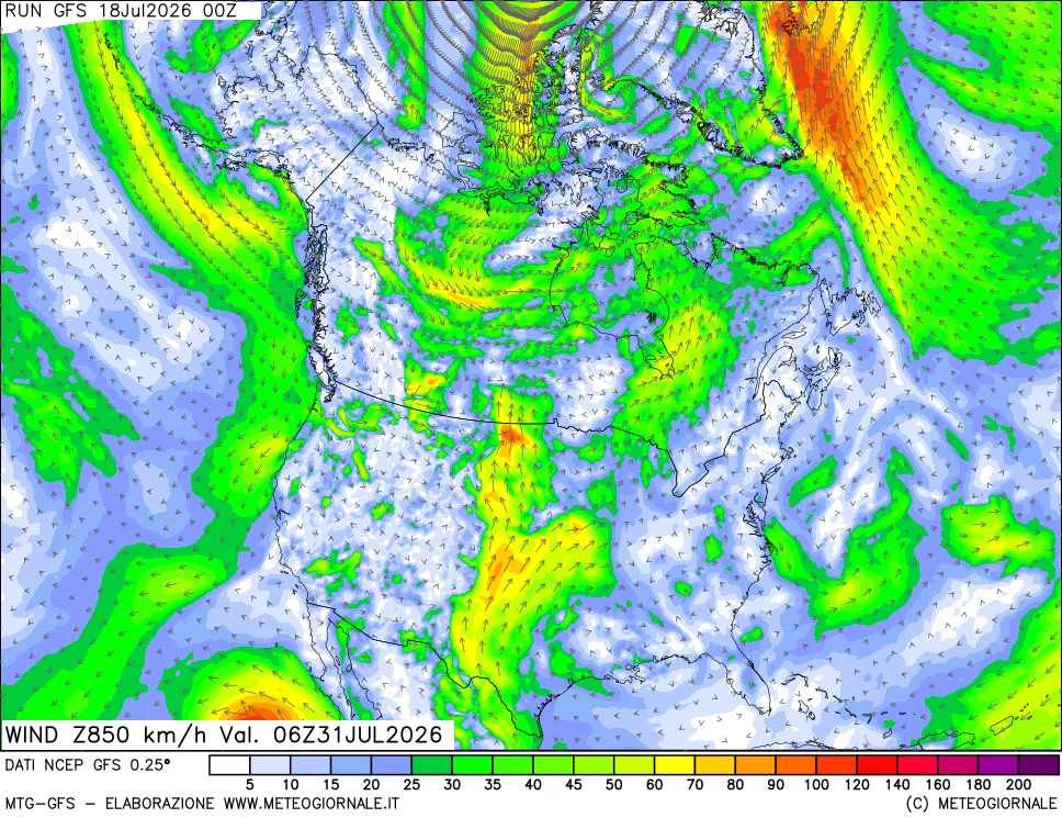 mappa 850 hPa Vento forza e direzione