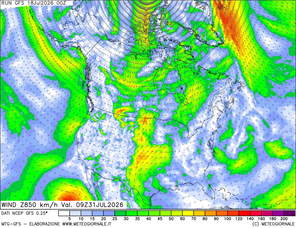 mappa 850 hPa Vento forza e direzione