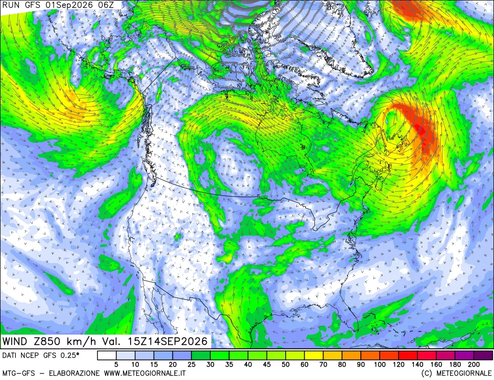 mappa 850 hPa Vento forza e direzione