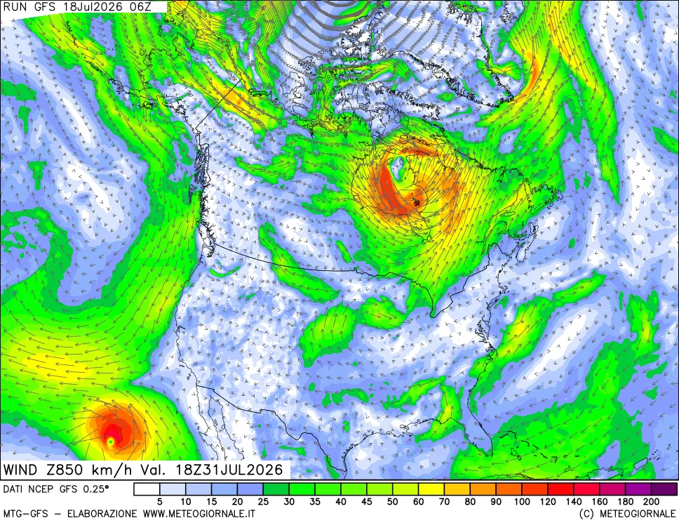 mappa 850 hPa Vento forza e direzione