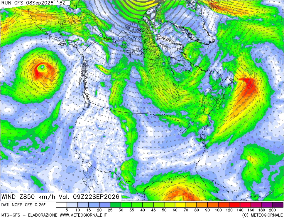 mappa 850 hPa Vento forza e direzione