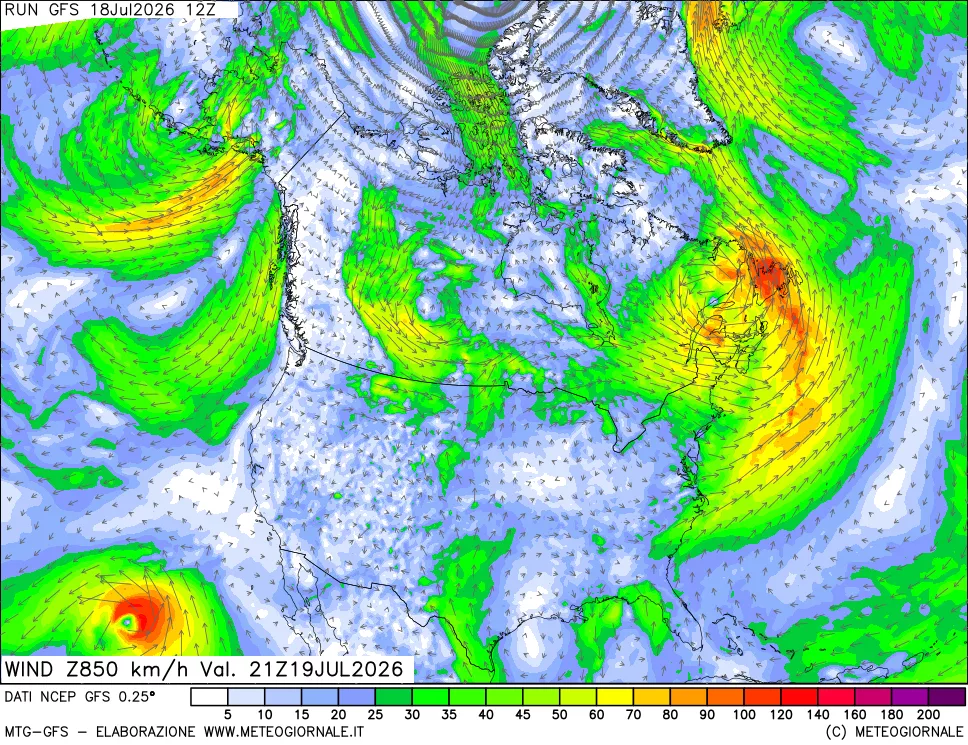 mappa 850 hPa Vento forza e direzione