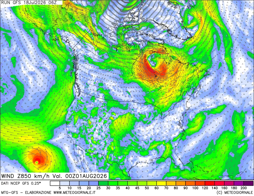 mappa 850 hPa Vento forza e direzione