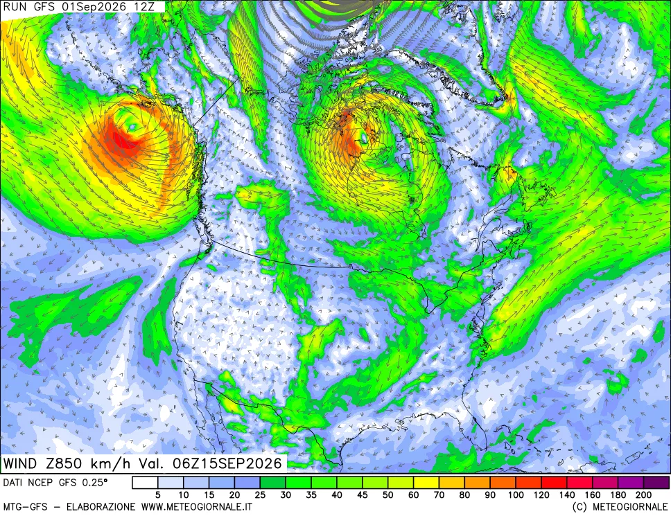 mappa 850 hPa Vento forza e direzione
