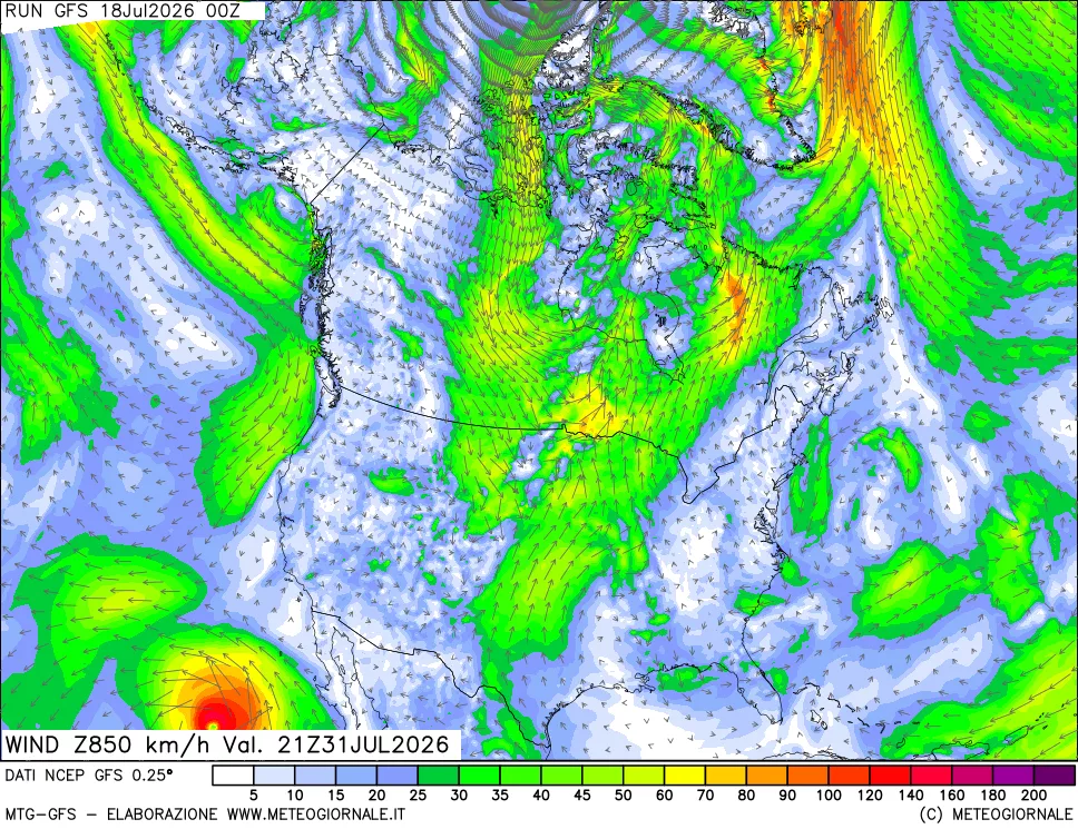 mappa 850 hPa Vento forza e direzione