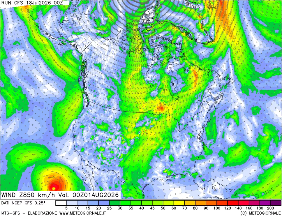 mappa 850 hPa Vento forza e direzione