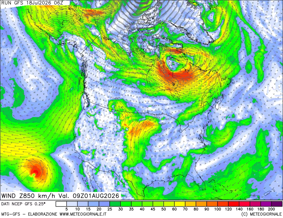 mappa 850 hPa Vento forza e direzione