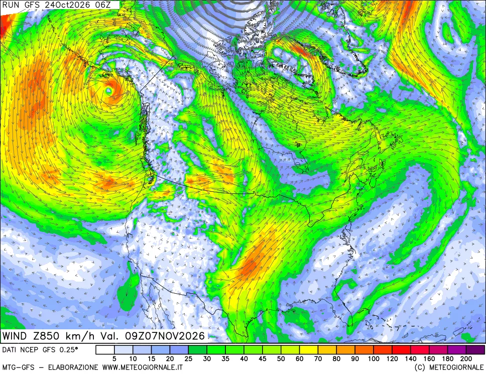 mappa 850 hPa Vento forza e direzione