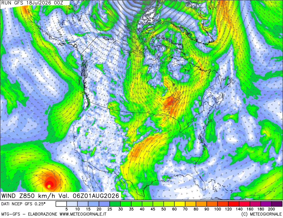 mappa 850 hPa Vento forza e direzione